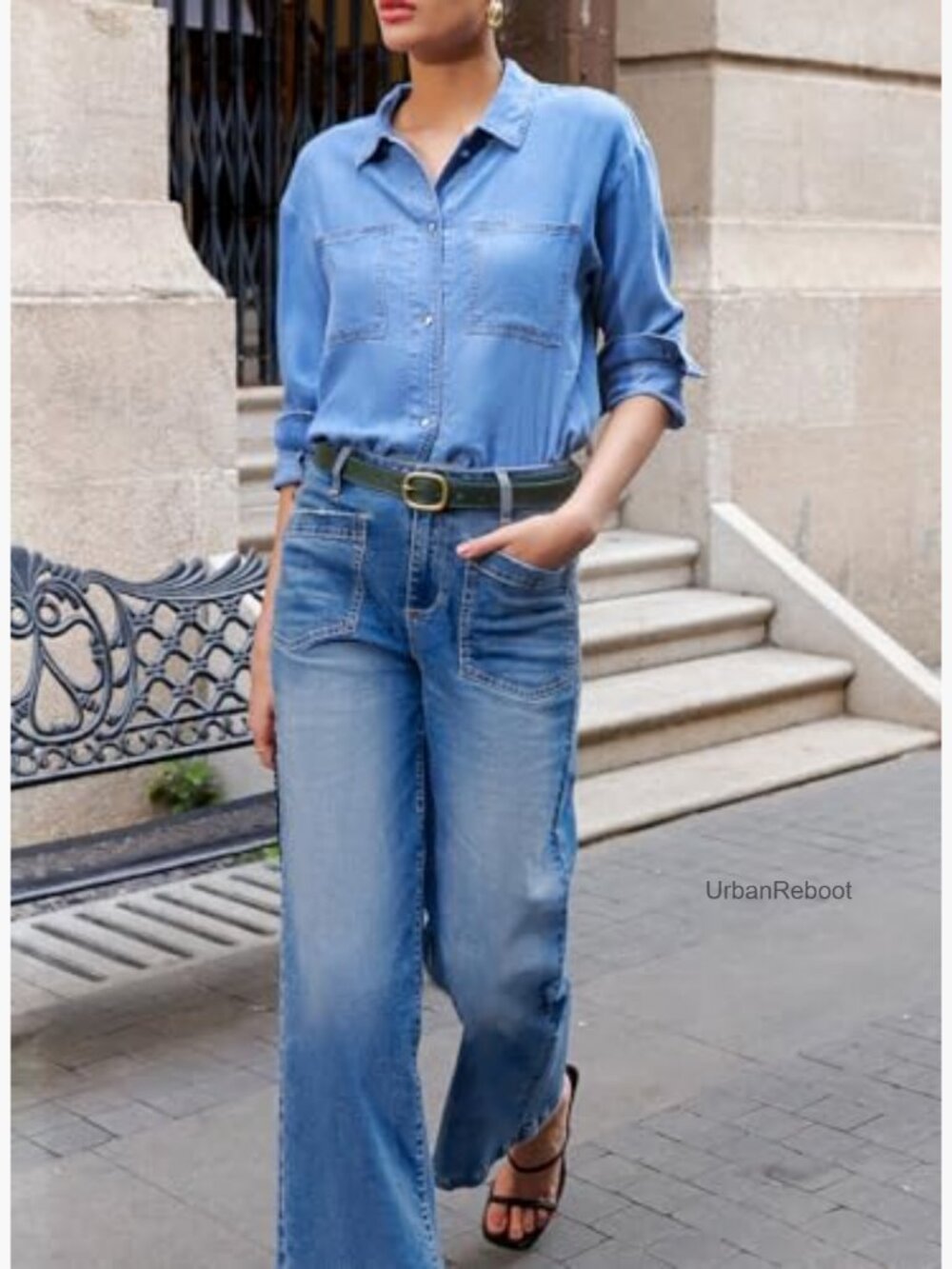 High Waisted Wide Leg Stretchy Jeans Straight Leg Ankle Denim Pants - Picture 5 of 7